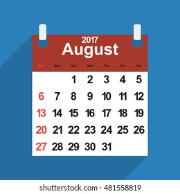 Leaf calendar 2017 with the month of August days of the week and dates