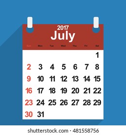 Leaf calendar 2017 with the month of July days of the week and dates