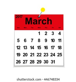 Leaf calendar 2017 with the month of March days of the week and dates