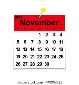 Leaf calendar 2017 with the month of November days of the week and dates