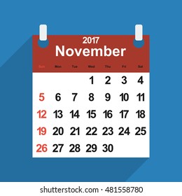 Leaf calendar 2017 with the month of November days of the week and dates