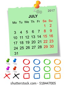 Leaf calendar for July 2017, vector graphics