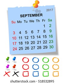 Leaf calendar for September 2017, sunday first. vector graphics