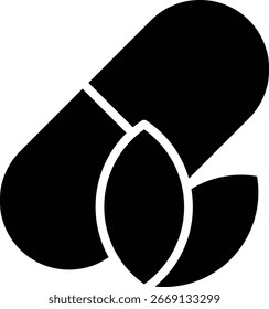 The leaf capsule icon symbolizes nature, herbal plants, and natural ingredients mean herbal supplements, or plant extracts packaged in an easy-to-consume form.