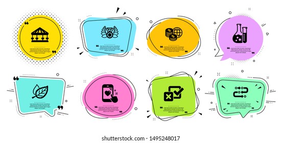 Leaf, Carousels and Chemistry lab line icons set. Chat bubbles with quotes. World money, Methodology and Checkbox signs. Laureate medal, Heart rating symbols. Nature leaves, Attraction park. Vector