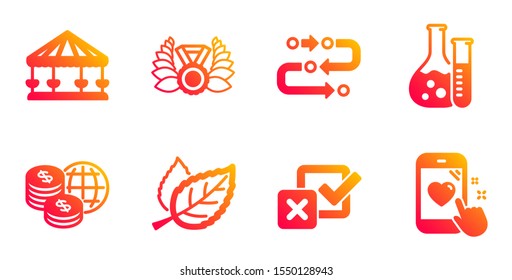 Leaf, Carousels and Chemistry lab line icons set. World money, Methodology and Checkbox signs. Laureate medal, Heart rating symbols. Nature leaves, Attraction park. Business set. Vector