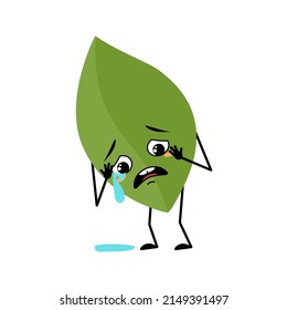 Leaf character with crying and tears emotion, sad face, depressive eyes, arms and legs. Person with melancholy expression, green plant emoticon. Vector flat illustration