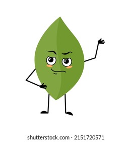Leaf character with emotions of hero, brave face, arms and leg. Person with courage expression, green plant emoticon. Vector flat illustration