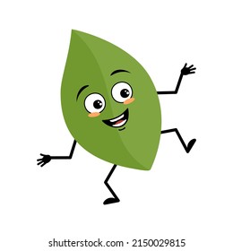 Leaf character with happy emotion, joyful face, smile eyes, arms and legs. Person with funny expression, green plant emoticon. Vector flat illustration