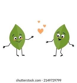 Leaf character with love emotions, smile face, arms and legs. Person with happy expression, green plant emoticon. Vector flat illustration