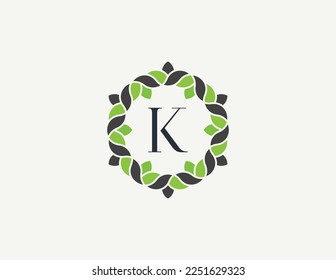 Leaf Circle Flower with Letter K Logo Concept symbol sign icon Element Design. Organic, Herbal, Natural Products, Health Care, Ecology, Spa Logotype. Vector illustration template