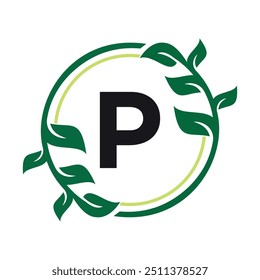 Logo Leaf Circle combinado con la letra P Vector Plantilla