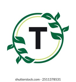 Leaf Circle Logo kombinieren mit Buchstabe T Vektor Vorlage