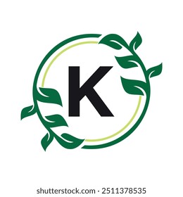 Logotipo de círculo folha combinar com modelo de vetor letra K