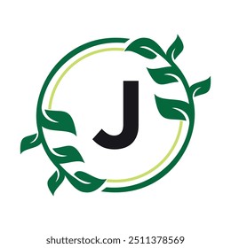 Logotipo de círculo de folha combinado com modelo de vetor de letra J