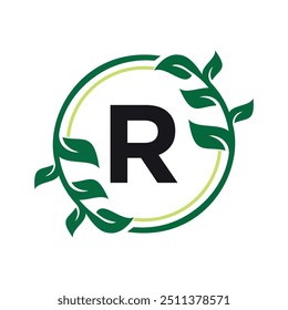 Logo Leaf Circle combinado con la letra R Vector Plantilla