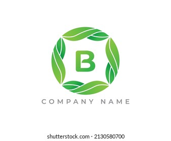 Símbolo del icono del logotipo del círculo de la hoja con la letra B. Plantilla de logotipo del vector