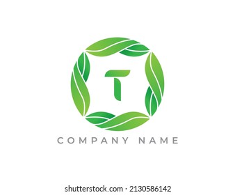 Símbolo del icono del logotipo del círculo de la hoja con la letra T. Plantilla de logotipo del vector
