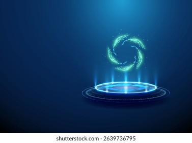 Leaf circle on futuristic podium. Sustainability, environmental protection, renewable resources, eco innovation concept. Glowing leaf ring, sci-fi platform. Neon lighting and light beams. Vector.