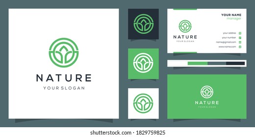 leaf circle using the line art style. logo and business card. Vector Premium