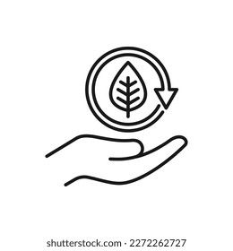 Leaf in the circular arrow on hand. Renewable energy icon line style isolated on white background. Vector illustration