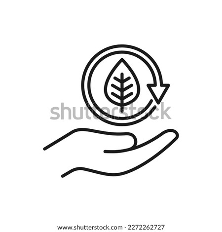 Leaf in the circular arrow on hand. Renewable energy icon line style isolated on white background. Vector illustration