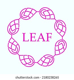 Leaf circular frame in pink color. Pink frame with text LEAF. Ornamental symbol. Vector illustration