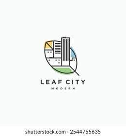 Logotipo de la ciudad de la hoja Diseño gráfico de icono de Ilustración vectorial de arte de línea moderna. Edificios de arquitectura con símbolo de hoja
