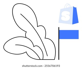 Leaf with clean lines, a shopping bag marked with S and a solid blue bar. Ideal for online shopping, retail packaging, eco-friendly marketing, e-commerce branding, and minimalistic design