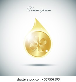 leaf clover and gold coins in a drop, vector . Flat design style