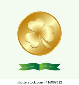 leaf clover and gold coins, vector . Flat design style.