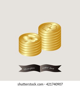 leaf clover and gold coins, vector . Flat design style.