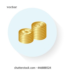leaf clover and gold coins, vector . Flat design style.