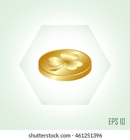 leaf clover and gold coins, vector . Flat design style.