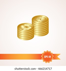 leaf clover and gold coins, vector . Flat design style.
