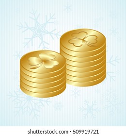 leaf clover and gold coins, vector . Flat design style.