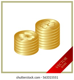 leaf clover and gold coins, vector . Flat design style.