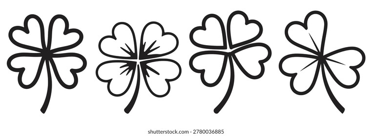 Leaf clover icon set featuring outline black silhouette variations for Saint Patricks Day branding and lucky charm graphic design. Patricks Day decorations vector illustration.