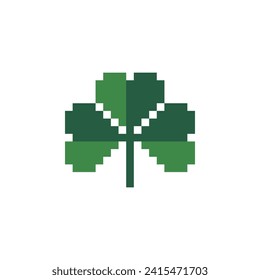 Leaf clover pixel art icon, green plant logo. Isolated vector illustration. Game assets 8-bit sprite. Design for stickers,  web, mobile app. St. Patrick's day symbols.