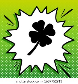 Leaf clover sign. Black Icon on white popart Splash at green background with white spots. Illustration.