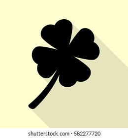 Leaf clover sign. Black icon with flat style shadow path on cream background.