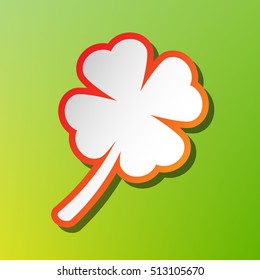 Leaf clover sign. Contrast icon with reddish stroke on green backgound.