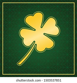 Leaf clover sign. Golden icon with gold contour at dark green gridded white background. Illustration.
