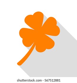 Leaf clover sign. Orange icon with flat style shadow path.