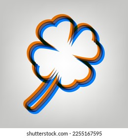 Leaf clover sign. Stroked Icon in orange, azure and old lavender Colors at gray Background. Illustration.