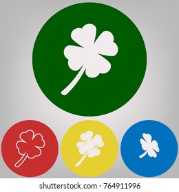 Leaf clover sign. Vector. 4 white styles of icon at 4 colored circles on light gray background.