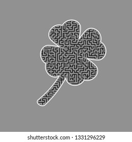 Leaf clover sign. Vector. Black maze filled icon with white border at gray background.