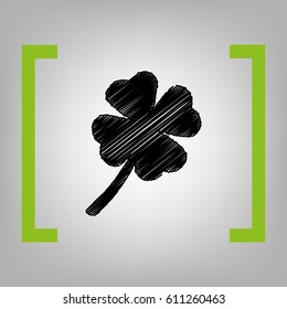 Leaf clover sign. Vector. Black scribble icon in citron brackets on grayish background.