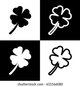Leaf clover sign. Vector. Black and white icons and line icon on chess board.