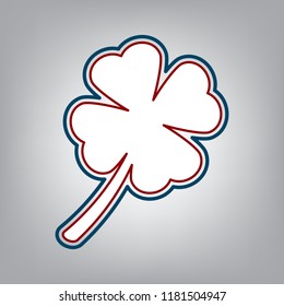Leaf clover sign. Vector. Dark red, transparent and midnight green stroke of white icon at grayish background.